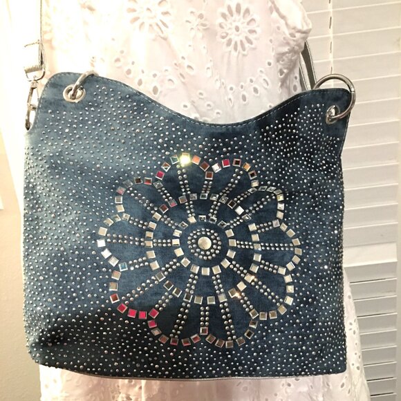 Showstopper Rhinestone Denim & Faux Leather Handbag = See Video - Picture 6 of 9
